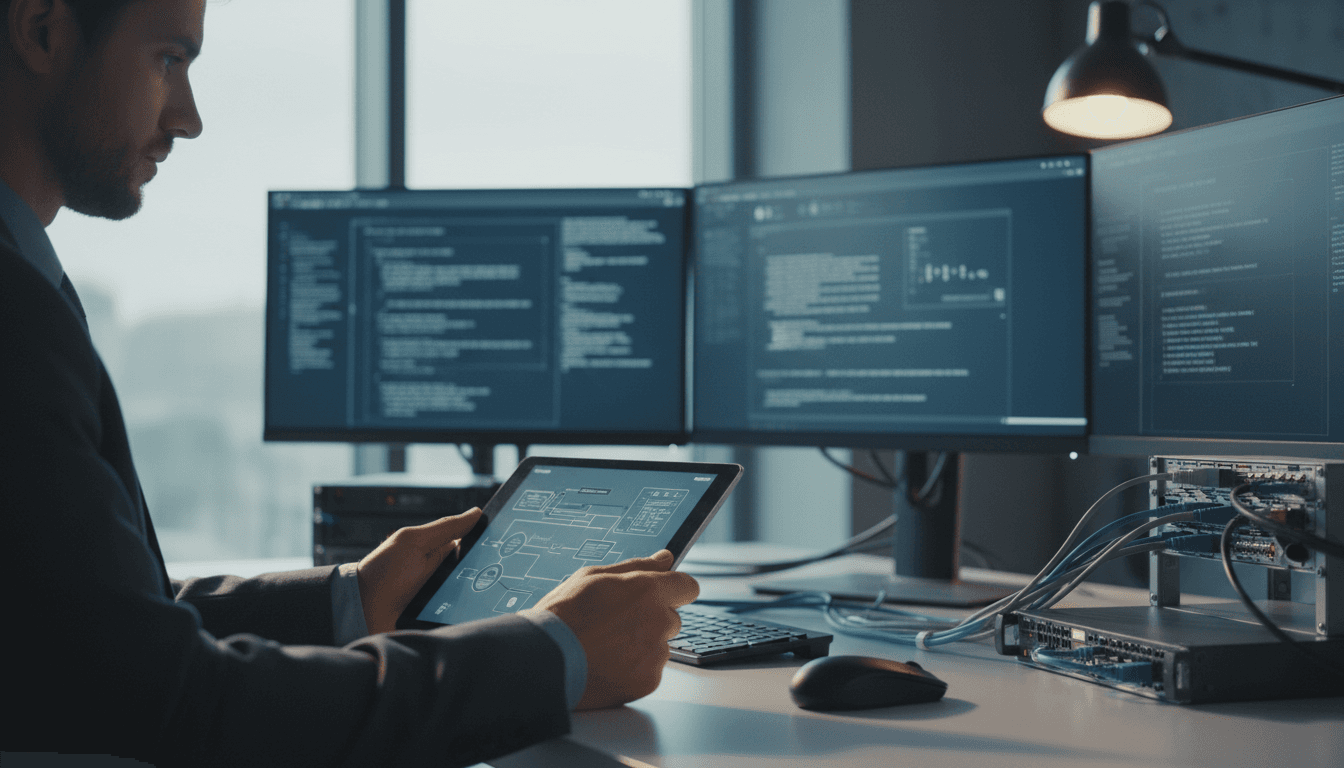 IT consultant reviewing technology strategy and infrastructure optimization