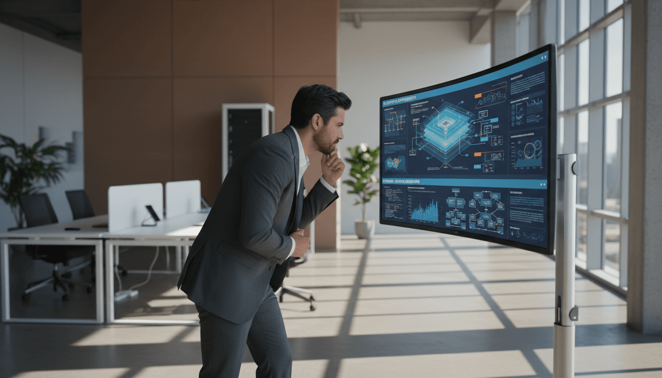 IT consultant reviewing technology infrastructure optimization diagrams