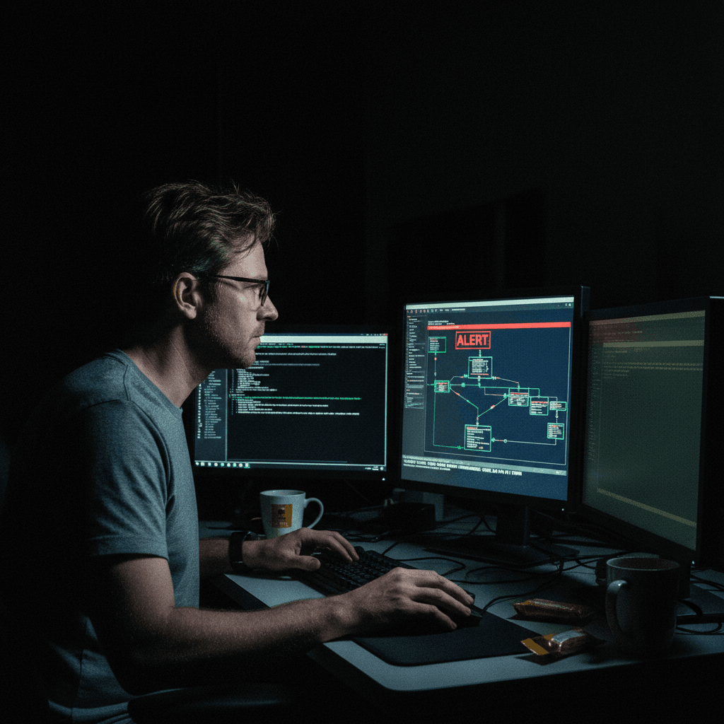 Support technician responding to an alert on a monitoring system at night