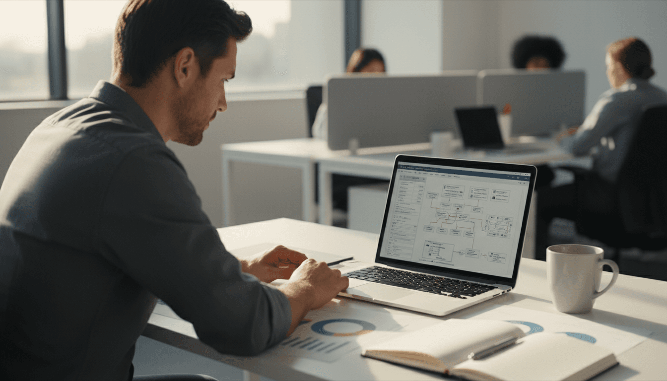 IT consultant reviewing infrastructure strategy at desk