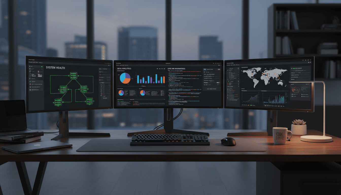 IT consultant reviewing infrastructure optimization on computer monitors